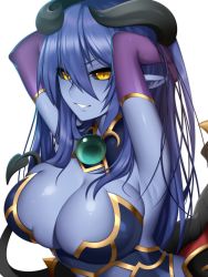 Rule 34 | 1girl, armpits, arms up, astaroth (shinrabanshou), bad id, bad pixiv id, black sclera, blue hair, blue skin, breasts, bridal gauntlets, cleavage, colored sclera, colored skin, commentary request, demon girl, demon horns, earrings, gloves, gold trim, grin, hair between eyes, heart, heart earrings, highres, horns, jewelry, large breasts, long hair, looking at viewer, mofuaki, parted lips, pointy ears, purple gloves, shinrabanshou, shiny skin, simple background, skindentation, smile, solo, teeth, white background, wings, yellow eyes