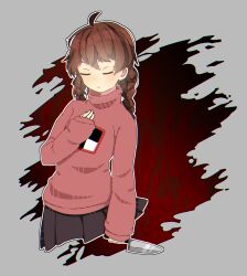 Rule 34 | 1girl, absurdres, ahoge, alternate color, arm at side, black skirt, blush, braid, chromatic aberration, closed eyes, closed mouth, cropped legs, crossed bangs, faceless, glowing, glowing skin, gradient background, grey background, hand on own chest, hand up, head tilt, highres, holding, knife, kukujiro, long hair, long sleeves, madotsuki, messy hair, multiple others, no nose, outline, pale skin, pleated skirt, red background, simple background, skirt, sleeves past wrists, sweater, turtleneck, turtleneck sweater, twin braids, twintails, white outline, yuki onna, yume nikki