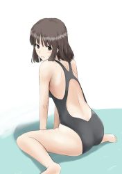 Rule 34 | 1girl, absurdres, amagami, bare arms, bare legs, barefoot, black one-piece swimsuit, blush, brown eyes, brown hair, competition school swimsuit, competition swimsuit, feet out of frame, from behind, grey one-piece swimsuit, gyuunyuu pack (tanaka), highres, looking at viewer, looking back, medium hair, one-piece swimsuit, open mouth, school swimsuit, shoulder blades, sitting, sketch, soles, solo, straight hair, sweatdrop, swimsuit, tanaka keiko (amagami), wariza, white background
