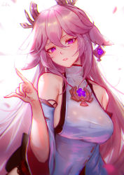 Rule 34 | 1girl, absurdres, bare shoulders, blush, breasts, fox shadow puppet, genshin impact, hair ornament, highres, japanese clothes, large breasts, long hair, looking at viewer, miko, off shoulder, parted lips, pink hair, purple eyes, sideboob, solo, upper body, white background, xude, yae miko