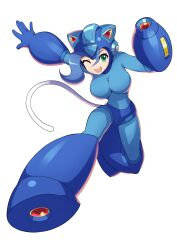 Rule 34 | 1girl, absurdres, animal ears, arm cannon, armor, blue bodysuit, blue hair, bodysuit, capcom, cat ear helmet, cat ears, commission, company connection, cosplay, fang, felicia (vampire), green eyes, helmet, highres, mega man (character), mega man (character) (cosplay), mega man (classic), mega man (series), one eye closed, open mouth, pocket fighter, shoutaro saito, solo, transparent background, vampire (game), weapon