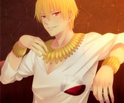 Rule 34 | 1boy, alcohol, bad id, bad pixiv id, blonde hair, bracelet, casual, couch, cup, drinking glass, earrings, enu (oji143), fate/zero, fate (series), gilgamesh (fate), jewelry, male focus, necklace, official alternate costume, red eyes, slit pupils, solo, v-neck, wine, wine glass