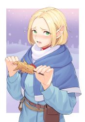 Rule 34 | 1girl, abe-chan, belt pouch, blonde hair, blue capelet, blue robe, blush, bob cut, book holster, capelet, caramel, choker, dungeon meshi, elf, fingernails, food, forehead, green eyes, hands up, highres, holding, holding food, hood, hood down, hooded capelet, long sleeves, looking at viewer, mandrake, marcille donato, open mouth, outside border, pointy ears, pouch, purple background, robe, scarf, snowing, solo, upper body, white scarf