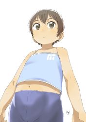 Rule 34 | 1girl, bike shorts, brown eyes, brown hair, camisole, child, expressionless, female focus, midriff, navel, original, satsuyo, short hair, simple background, solo, tomboy, white background