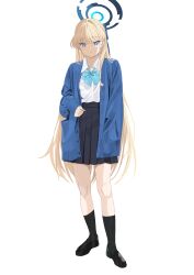 Rule 34 | 1girl, absurdres, black footwear, black skirt, black socks, blonde hair, blue archive, blue bow, blue bowtie, blue cardigan, blue eyes, bow, bowtie, cardigan, closed mouth, collared shirt, full body, halo, highres, long hair, looking at viewer, open cardigan, open clothes, pleated skirt, shirt, shoes, simple background, skirt, socks, solo, tnr (horiko1525), toki (blue archive), white background, white shirt