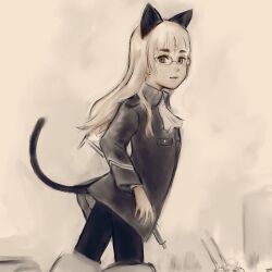 Rule 34 | 1girl, animal ears, black pantyhose, blonde hair, cat ears, cat tail, glasses, long hair, looking at viewer, military uniform, pantyhose, perrine h. clostermann, shiri chin, simple background, solo, strike witches, tail, uniform, world witches series