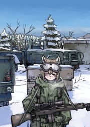 1girl :&lt; =_= absurdres animal_ears bare_tree battle_rifle black_gloves blonde_hair closed_eyes coat crate day facing_viewer fanny_pack fox_ears fox_girl fox_girl_(yihan_world) gloves goggles goggles_on_head green_coat gun highres long_sleeves m14 m21 motor_vehicle original outdoors pickup_truck pine_tree rifle scope sky snow solo standing strap tree truck weapon yihan_world