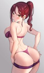 Rule 34 | 1girl, absurdres, alternate breast size, alternate hairstyle, ass, back, bra, breasts, clothes pull, ear piercing, gradient background, grey background, highres, looking at viewer, love live!, love live! sunshine!!, medium breasts, medium hair, panties, piercing, ponytail, purple bra, purple panties, purple shorts, red hair, sakurauchi riko, shorts, shorts pull, shoulder blades, simple background, skindentation, solo, standing, sweat, swept bangs, tem10, thighs, thong, underwear, whale tail (clothing), yellow eyes