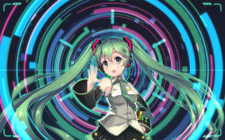 Rule 34 | 1girl, bad id, bad pixiv id, detached sleeves, green eyes, green hair, hand on own hip, hatsune miku, headset, hebinui, highres, long hair, matching hair/eyes, necktie, open mouth, skirt, solo, twintails, very long hair, vocaloid