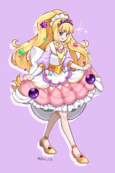 Rule 34 | 1girl, :d, apron, back bow, blonde hair, blue bow, blue eyes, blunt bangs, blush, bow, bridal gauntlets, brooch, cure finale, curly sidelocks, delicious party precure, dot nose, frilled skirt, frills, full body, hair ornament, heart, heart brooch, high ponytail, highres, jewelry, kasai amane, large bow, long hair, looking at viewer, magical girl, open mouth, orange footwear, pink bow, pink skirt, plv 276, precure, purple background, shoes, simple background, skirt, skirt hold, smile, solo, sparkle, standing, star (symbol), star hair ornament, tiara, tsurime, white apron, white bow, white bridal gauntlets