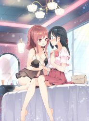 Rule 34 | 2girls, bag, bare arms, bare legs, bare shoulders, barefoot, bathroom, bathtub, bed sheet, black hair, blue eyes, blush, grabbing another&#039;s breast, breasts, collarbone, commentary request, grabbing, guided breast grab, guiding hand, hair ornament, handbag, highres, holding, holding bag, homura subaru, indoors, lamp, large breasts, long hair, looking at another, medium breasts, mirror, multiple girls, original, ponytail, red eyes, red hair, red skirt, revealing clothes, see-through, shirt, short sleeves, shower head, sitting, skirt, tiles, white shirt, yuri