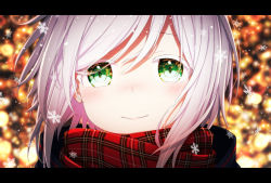 Rule 34 | 1girl, aoi thomas, blurry, blurry background, closed mouth, colored eyelashes, commentary, depth of field, english commentary, green eyes, letterboxed, looking at viewer, original, plaid, plaid scarf, portrait, red scarf, scarf, silver hair, smile, snow, snowflakes, solo, swept bangs