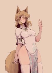 Rule 34 | 1girl, animal ears, blush, brown eyes, brown hair, chinese clothes, dress, isc chn, legs, muffin top, tail, thick thighs, thighhighs, thighs, wide hips