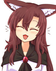 Rule 34 | 1girl, :d, ^ ^, animal ear fluff, animal ears, brooch, brown hair, closed eyes, fang, hair between eyes, happy, head tilt, imaizumi kagerou, jewelry, long hair, open mouth, simple background, smile, solo, touhou, upper body, white background, wolf ears, wool (miwol), |d