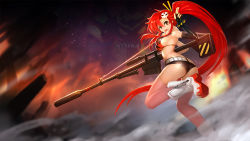 Rule 34 | 00s, 1girl, :d, anti-materiel rifle, ass, bad id, bad pixiv id, belt, bikini, bikini top only, black gloves, black shorts, blurry, boots, breasts, depth of field, dust, fingerless gloves, fire, flame print, from side, gloves, gun, hair ornament, highres, holding, holding gun, holding weapon, large breasts, long hair, looking at viewer, micro shorts, midriff, night, night sky, open mouth, orange eyes, pink thighhighs, ponytail, projected inset, red hair, rifle, scarf, short shorts, shorts, sideboob, skull hair ornament, sky, smile, smoke, sniper rifle, solo, standing, standing on one leg, star (sky), studded belt, studded bracelet, swimsuit, tengen toppa gurren-lagann (mecha), tengen toppa gurren lagann, thighhighs, unzipped, very long hair, weapon, white footwear, yoko littner, zhuore zhi hen, zipper