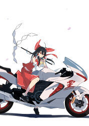 Rule 34 | 1girl, absurdres, black hair, closed mouth, commentary request, detached sleeves, gohei, hair tubes, hakurei reimu, highres, holding, holding gohei, kakaricho dairi, long hair, long sleeves, motor vehicle, motorcycle, nontraditional miko, red eyes, solo, touhou