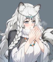 Rule 34 | 1girl, allen.n, animal ear fluff, animal ears, arknights, black cape, blush, breasts, breath, breathing on hands, bright pupils, cape, dress, grey background, grey eyes, highres, large breasts, leopard ears, leopard girl, leopard tail, long hair, open mouth, pramanix (arknights), simple background, solo, tail, tiara, turtleneck, upper body, very long hair, white dress, white hair, white pupils