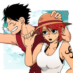 Rule 34 | 1boy, 1girl, ^ ^, arm tattoo, artist name, bad id, bad pixiv id, black hair, closed eyes, couple, grin, hand on another&#039;s head, hand on headwear, hat, highres, monkey d. luffy, nami (one piece), one piece, orange hair, outdoors, scar, scar on face, short hair, sky, sleeveless, smile, straw hat, sweat, tank top, tattoo, tbt, white tank top