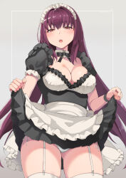 Rule 34 | 1girl, alternate costume, apron, bad id, bad twitter id, black dress, blush, breasts, cleavage, clothes lift, detached collar, dress, dress lift, enmaided, fate/grand order, fate (series), frills, garter straps, grey background, hair between eyes, hair intakes, highres, hip focus, large breasts, lifted by self, long hair, looking at viewer, maid, maid apron, maid headdress, neck ribbon, nuko (mikupantu), panties, puffy short sleeves, puffy sleeves, purple hair, red eyes, revision, ribbon, scathach (fate), short sleeves, simple background, smile, solo, thighhighs, thighs, underwear, waist apron, white panties, white thighhighs, wrist cuffs