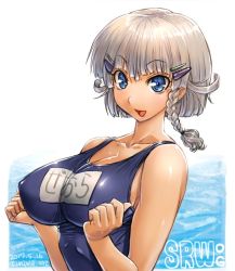 Rule 34 | 1girl, 2017, amania orz, blue eyes, blush, braid, breasts, cleavage, collarbone, covered erect nipples, dated, hair ornament, hairclip, large breasts, looking at viewer, one-piece swimsuit, open mouth, school swimsuit, seolla schweizer, shiny skin, short hair, side braid, silver hair, smile, solo, super robot wars, super robot wars original generation, swimsuit, twitter username