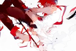 Rule 34 | 1boy, asymmetrical clothes, bandaged hand, bandages, boots, cane, colored sclera, from side, fukase, hat, male focus, point (vocaloid), red hair, red sclera, scar, sishi, top hat, vocaloid