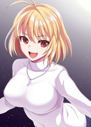 Rule 34 | 1girl, :d, antenna hair, arcueid brunestud, blonde hair, blush, breasts, commentary request, dan (orange train), gradient background, grey background, jewelry, large breasts, leaning forward, light particles, long sleeves, looking at viewer, necklace, open mouth, red eyes, short hair, sidelocks, smile, solo, standing, sweater, teeth, tongue, tsukihime, tsukihime (remake), turtleneck, turtleneck sweater, upper body, upper teeth only, white sweater