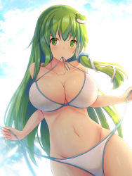 Rule 34 | 1girl, absurdres, alternate costume, bare shoulders, bikini, bikini in mouth, blush, breasts, cleavage, clothes in mouth, collarbone, commentary request, contemporary, cowboy shot, frog, frog hair ornament, green eyes, green hair, groin, hair ornament, hair tubes, highres, huge breasts, kochiya sanae, large breasts, liya, long hair, looking at viewer, navel, side-tie bikini bottom, snake, snake hair ornament, solo, stomach, swimsuit, touhou, untied bikini, white bikini