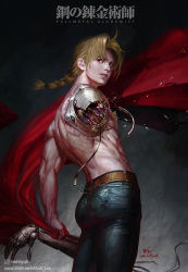 Rule 34 | 1boy, ass, bare shoulders, blonde hair, blue eyes, braid, coat, cyborg, denim, edward elric, from behind, fullmetal alchemist, highres, inhyuk lee, jeans, long hair, looking back, pants, parted lips, prosthesis, prosthetic arm, shiny clothes, shiny skin, solo, wire