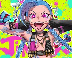 Rule 34 | 1girl, belt, bikini, bikini top only, blue hair, braid, choker, fingerless gloves, gloves, highres, jinx (league of legends), league of legends, mouth pull, open mouth, pink eyes, solo, spread mouth, swimsuit, tattoo, tongue, tongue out, twin braids, twintails, upper body, uvula