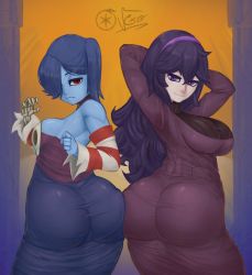 Rule 34 | 2girls, absurdres, ass, ass-to-ass, ass press, blue skin, breasts, colored skin, creatures (company), game freak, hex maniac (pokemon), highres, multiple girls, nintendo, ourobot, pokemon, pokemon xy, skullgirls, squigly (skullgirls), vexo-r, zombie
