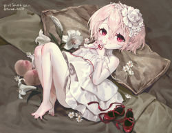Rule 34 | 1girl, bare shoulders, barefoot, blush, character request, dress, flower, food, fruit, full body, hair between eyes, hair flower, hair ornament, highres, interlocked fingers, knees up, lily (flower), lolita fashion, looking at viewer, lying, nikubou maranoshin, on back, own hands together, parted lips, peach, pillow, red eyes, red footwear, shoes, unworn shoes, short hair, silver hair, sleeveless, sleeveless dress, smile, solo, strapless, strapless dress, string, string around finger, string of fate, toes, ukagaka, white dress, wrist cuffs