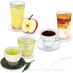 apple apple_slice artist_name coffee commentary_request cup drink drinking_glass food food_focus fruit ice ice_cube inaco no_humans original saucer signature simple_background still_life teacup white_background