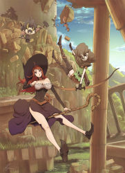 Rule 34 | 1boy, 2girls, beard, belt, blonde hair, boots, bow (weapon), braid, breasts, cape, cloak, column, dated, debris, detached sleeves, dragon&#039;s crown, dress, dual wielding, dwarf (dragon&#039;s crown), elf (dragon&#039;s crown), facial hair, falling, gloves, grass, hammer, hand on headwear, hat, helmet, holding, hole in wall, hood, hooded cloak, long hair, looking at viewer, multiple girls, okome (ssallll), open mouth, orange eyes, orange hair, outstretched arm, pillar, pteruges, quiver, reaching, riding, shoes, shorts, signature, sorceress (dragon&#039;s crown), squirrel, staff, thigh boots, thighhighs, twin braids, water, weapon, winged helmet, witch hat