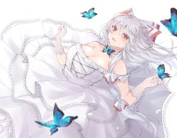 1girl :o bare_shoulders blush bow breasts bug butterfly cleavage dress frilled_dress frills fujiwara_no_mokou gloves hair_bow hair_ribbon highres hiiro60 bug jewelry large_breasts long_hair looking_at_viewer red_eyes ribbon ring silver_hair solo strapless strapless_dress touhou tress_ribbon wedding_band wedding_dress white_background white_bow white_dress white_gloves white_ribbon