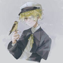 Rule 34 | 1boy, bandage over one eye, bird, bird on hand, blonde hair, blue capelet, blue jacket, capelet, character name, coat, collared shirt, finch, grey background, gureru (r grey1204), hat, highres, jacket, looking at viewer, male focus, oliver (vocaloid), ribbon, sailor hat, shirt, smile, upper body, vocaloid, white shirt, yellow eyes, yellow ribbon