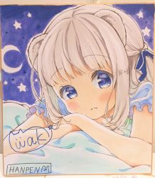 Rule 34 | 1girl, animal ears, bed sheet, blue bow, blue eyes, blue shirt, blush, bow, closed mouth, commentary request, crescent moon, fang, fang out, ferret ears, grey hair, hair bow, highres, long hair, lying, moon, neki (wakiko), on stomach, one side up, original, photo (medium), puffy short sleeves, puffy sleeves, shirt, short sleeves, signature, solo, star (symbol), traditional media