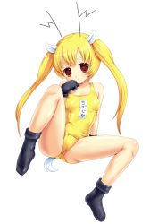 Rule 34 | 1girl, animal ears, antlers, bad id, bad pixiv id, blonde hair, blush, chidejika, deer antlers, gloves, horns, japan commercial broadcasters association, long hair, one-piece swimsuit, red eyes, school swimsuit, socks, solo, spread legs, swimsuit, tail, twintails, xai, yellow one-piece swimsuit