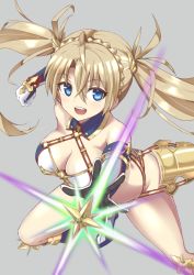 Rule 34 | 1girl, armor, bare shoulders, bikini, blonde hair, blue bikini, blue eyes, blush, boots, bradamante (fate), bradamante (third ascension) (fate), braid, breasts, cleavage, crown braid, elbow gloves, energy barrier, energy shield, fate/grand order, fate (series), faulds, gloves, grey background, hair between eyes, hair ornament, knee boots, large breasts, long hair, looking at viewer, open mouth, outstretched arm, shimouki izui, simple background, smile, solo, swimsuit, thigh strap, thighs, twintails, two-tone bikini, very long hair, white bikini