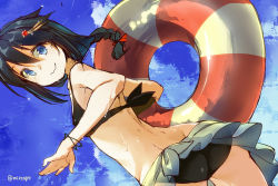 Rule 34 | 10s, 1girl, alternate costume, ass, back, black hair, blue eyes, braid, breasts, chig (mizusaki), hair flaps, hair ornament, hair ribbon, holding, innertube, kantai collection, lifebuoy, long hair, looking at viewer, ribbon, shigure (kancolle), shigure kai ni (kancolle), single braid, sketch, small breasts, solo, swim ring, swimsuit, wavy mouth