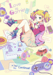 Rule 34 | 1girl, absurdres, blonde hair, blue eyes, board game, bottle, bow, calendar, calendar (object), car, cellphone, controller, english text, engrish text, flower, food, game controller, hair bow, highres, jacket, letterman jacket, mechanical pencil, mikami (mkm0v0), motor vehicle, original, pastry, pencil, perfume bottle, phone, ranguage, rose, short hair, short twintails, skirt, socks, solo, twintails, vehicle