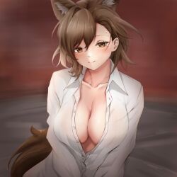 Rule 34 | 1girl, absurdres, animal ears, arknights, breasts, brown eyes, brown hair, collarbone, commentary request, highres, large breasts, long sleeves, mameppu, penance (arknights), shirt, solo, tail, upper body, white shirt, wolf ears, wolf tail