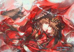 Rule 34 | 1boy, 1girl, bai qi (love and producer), brown eyes, brown hair, chinese clothes, closed mouth, dress, hair ornament, highres, long hair, long sleeves, looking at another, love and producer, open mouth, protagonist (love and producer), rabbitcamilla, red dress