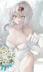 Rule 34 | 1girl, 1other, alisame, bags under eyes, bare shoulders, bouquet, breasts, choker, cleavage, collarbone, covered navel, dress, flower, gloves, goddess of victory: nikke, grey hair, hair between eyes, hair ornament, hairclip, highres, holding, holding bouquet, large breasts, long hair, pelvic curtain, ponytail, strapless, strapless dress, tearing up, wedding dress, white choker, white dress, white flower, white gloves, yellow eyes, yulha (nikke)