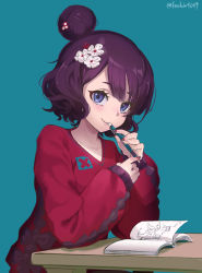 Rule 34 | 1girl, absurdres, alternate costume, blue background, blue eyes, book, commentary request, fake nails, fate/grand order, fate (series), flower, hair bun, hair flower, hair ornament, highres, holding, holding pen, kachin, katsushika hokusai (fate), long sleeves, open book, parted lips, pen, pink lips, purple hair, red sweater, short hair, simple background, single hair bun, sitting, sleeves past wrists, smile, solo, sweater, table, twitter username, upper body, white flower