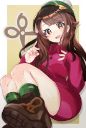 Rule 34 | 1girl, alternate hair length, alternate hairstyle, boots, border, brown eyes, brown footwear, brown hair, buttons, collared dress, commentary request, creatures (company), dress, eyelashes, game freak, gloria (pokemon), green hat, green socks, hands up, hat, knees, legs together, long sleeves, looking at viewer, nintendo, open mouth, outside border, plaid, plaid legwear, pokemon, pokemon swsh, purple dress, socks, solo, tam o&#039; shanter, teeth, tongue, umiru, upper teeth only, white border