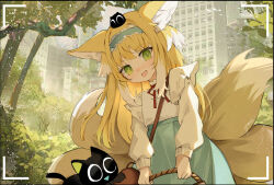 Rule 34 | 1girl, absurdres, animal ear fluff, animal ears, aqua hairband, aqua skirt, arknights, artist name, bag, basket, black cat, blonde hair, brown bag, cardigan, cat, commentary, cowboy shot, crossover, english commentary, fox ears, fox girl, fox tail, frilled hairband, frills, green eyes, hair ornament, hairband, heixiu, high-waist skirt, highres, holding, holding basket, kitsune, kyuubi, leaning to the side, long hair, long sleeves, luo xiaohei, luo xiaohei zhanji, multicolored hair, multiple tails, neck ribbon, official alternate costume, on head, open cardigan, open clothes, open mouth, outdoors, puffy long sleeves, puffy sleeves, red ribbon, ribbon, shirt, shoulder bag, skirt, sleeve cuffs, solo, suzuran (arknights), suzuran (spring praise) (arknights), tail, two-tone hair, viewfinder, white cardigan, white hair, white shirt, yanti