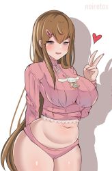 1girl blush breasts brown_hair closed_eyes curvy fuwa_fuwa_cinnamoroll highres jacket large_breasts long_hair neet_girl_(noiretox) noiretox panties pink_jacket pink_panties plump sanrio solo thick_thighs thighs underwear very_long_hair white_background