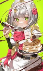 Rule 34 | 1girl, absurdres, apron, armor, blunt bangs, braid, breastplate, chocolate syrup, food, genshin impact, green background, green eyes, grey hair, highres, looking at viewer, maid, maid apron, maid headdress, ningen mame, noelle (genshin impact), pancake, short hair, simple background, smile, solo