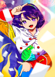 Rule 34 | 1girl, absurdres, blue hair, cape, card, dress, hairband, highres, impossible clothes, long sleeves, looking at viewer, monodoku, multicolored background, multicolored clothes, multicolored dress, multicolored hairband, open mouth, pointing, purple eyes, short hair, solo, swept bangs, tenkyuu chimata, touhou, upper body, white cape, zipper