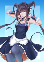 Rule 34 | 1girl, absurdres, adapted costume, alternate costume, apron, artist request, bare shoulders, blue background, blue dress, blue eyes, blue thighhighs, blunt bangs, blush, breasts, cleavage, closed mouth, covered navel, detached sleeves, dress, enmaided, fate/grand order, fate (series), gradient background, hair ornament, hands on own chest, hands up, highres, knee up, large breasts, leaf hair ornament, long hair, looking at viewer, maid, purple hair, sidelocks, smile, solo, thighhighs, thighs, twintails, very long hair, waist apron, white apron, yang guifei (fate), yang guifei (second ascension) (fate)